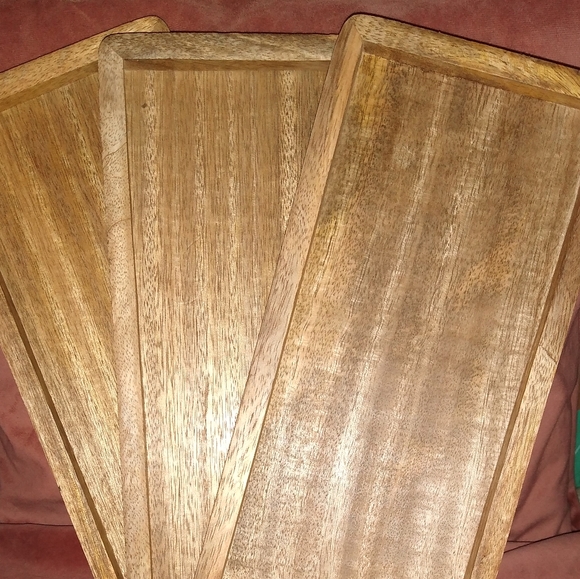 Set 3 Trays Rectangle Carved Mango Wood Food Safe Breakfast Tray Cafecore Boho - Picture 12 of 15